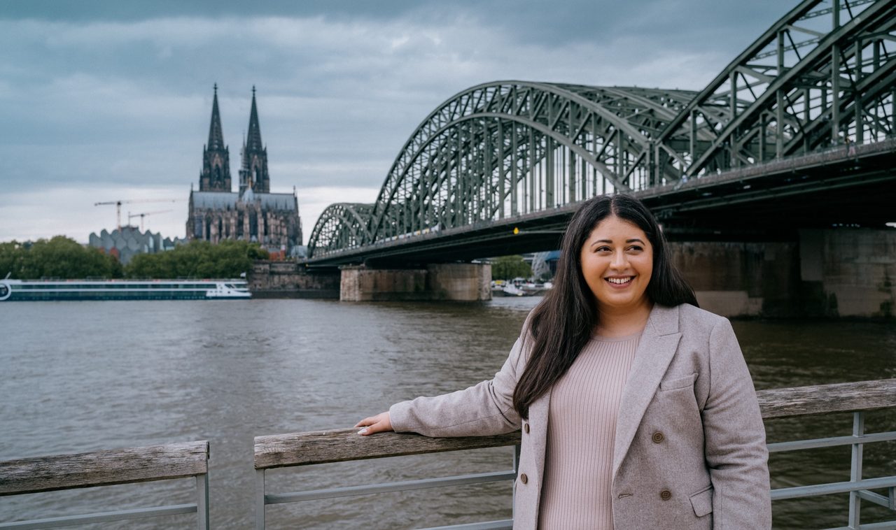 Sanae Abdi am Rheinufer vor Dom und Hohenzollernbrücke